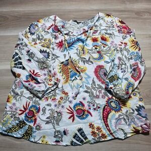 Hester & Orchard Linen Blend Blouse Womens XL White Paisley Floral Boho Top
